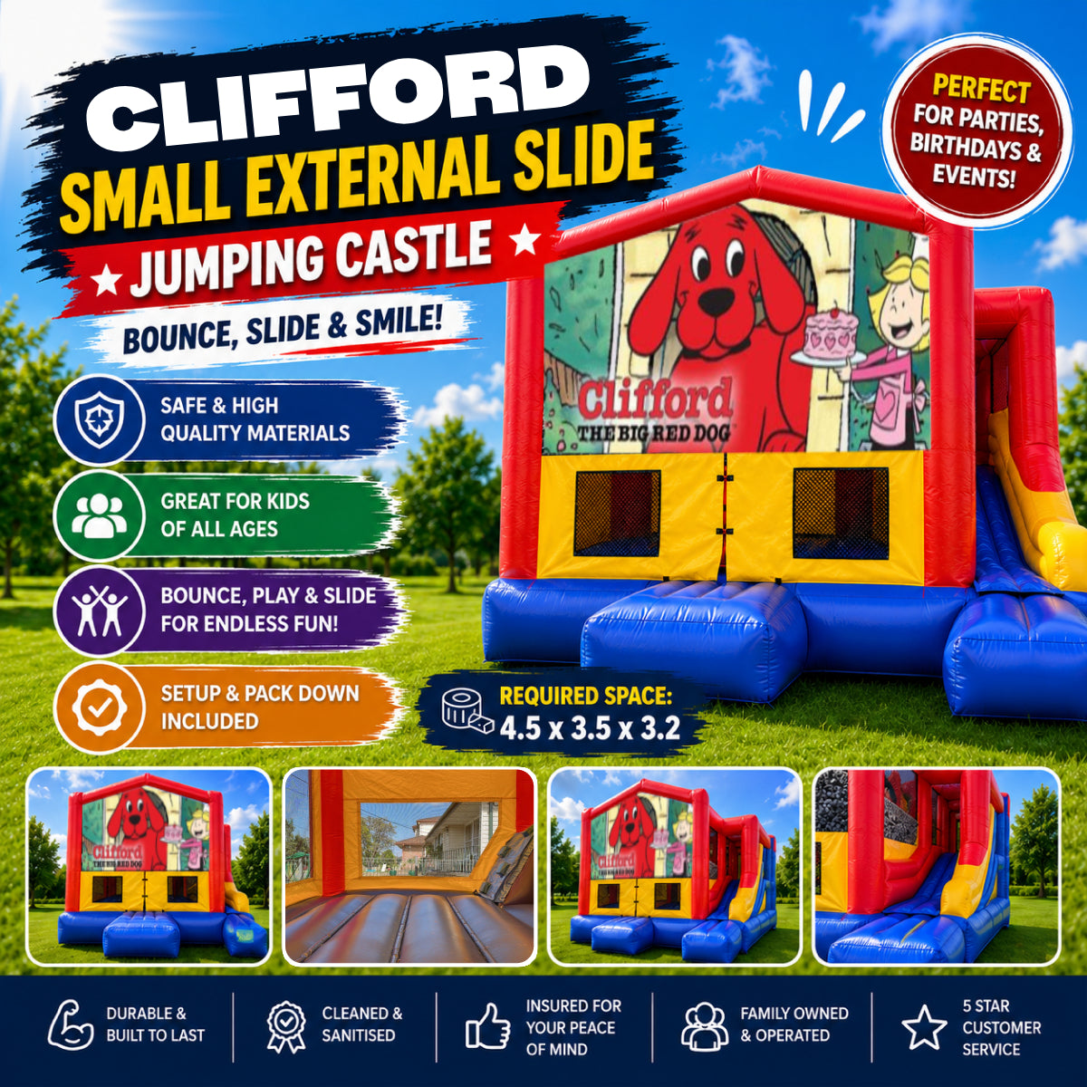 Clifford the Red Dog Small External Slide Jumping Castle